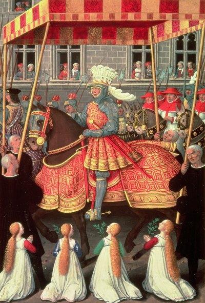 ルイ12世（1462〜1515）が天蓋の下でジェノヴァに入り、その後1515〜20年の「ブルターニュのアンヌの時間」から4人の枢機卿が続いた。 作： Jean Bourdichon